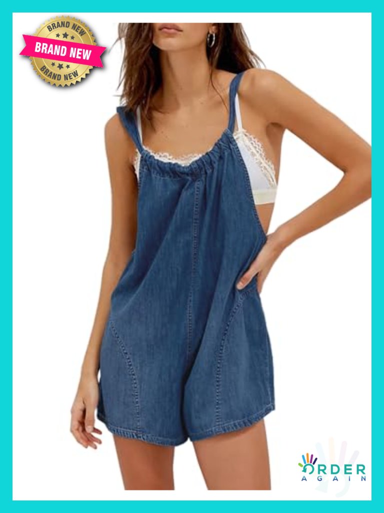 Denim Romper Overall Shorts Adjustable Tie Backless Bib Shortalls With Pockets